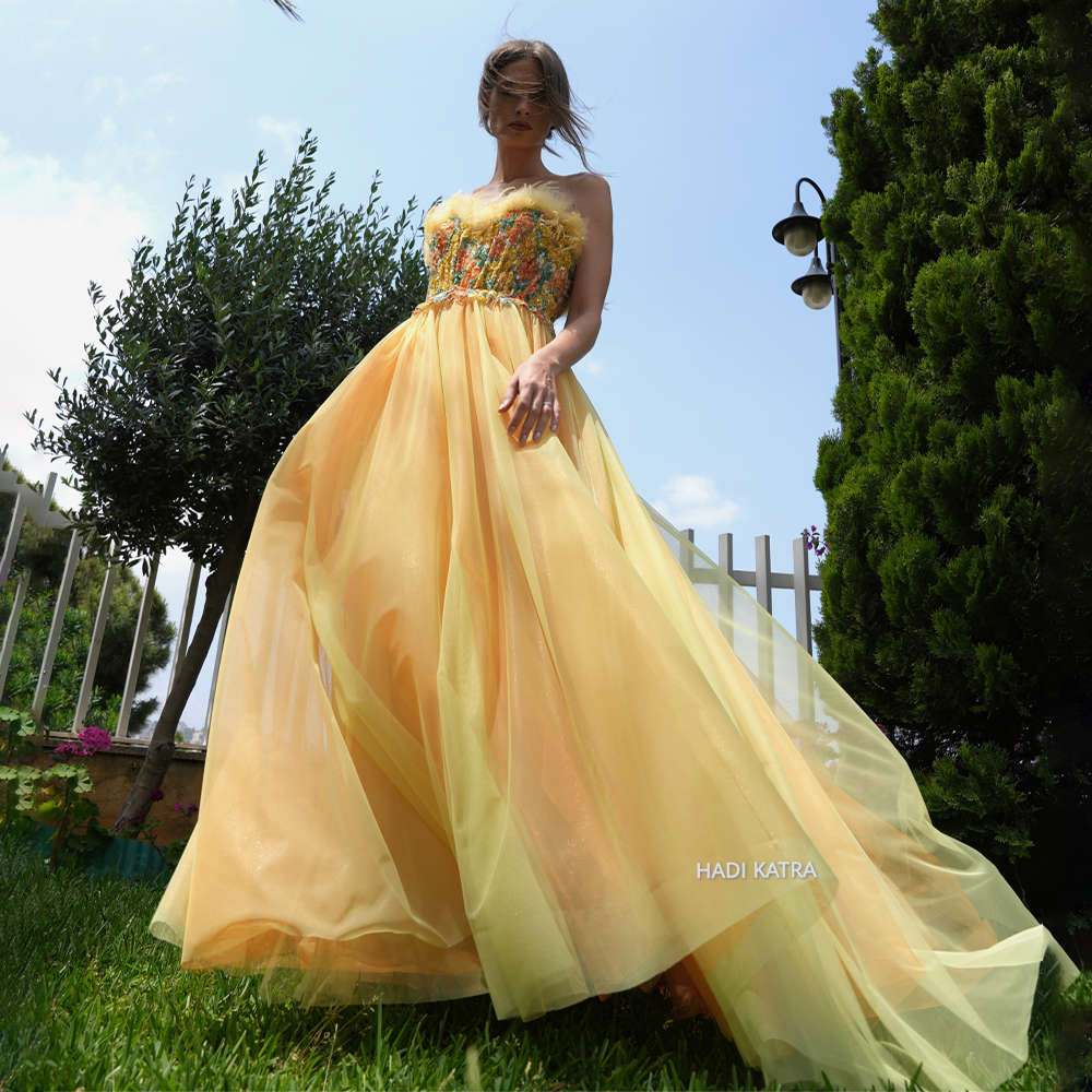 Yellow tulle dress with embroidered multicolor lace bodice and feathers.