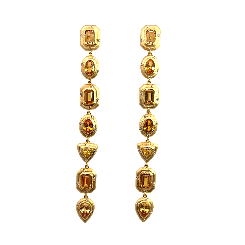 Shop online premium 18K gold shoulder duster earrings with yellow sapphire and CZ stones.