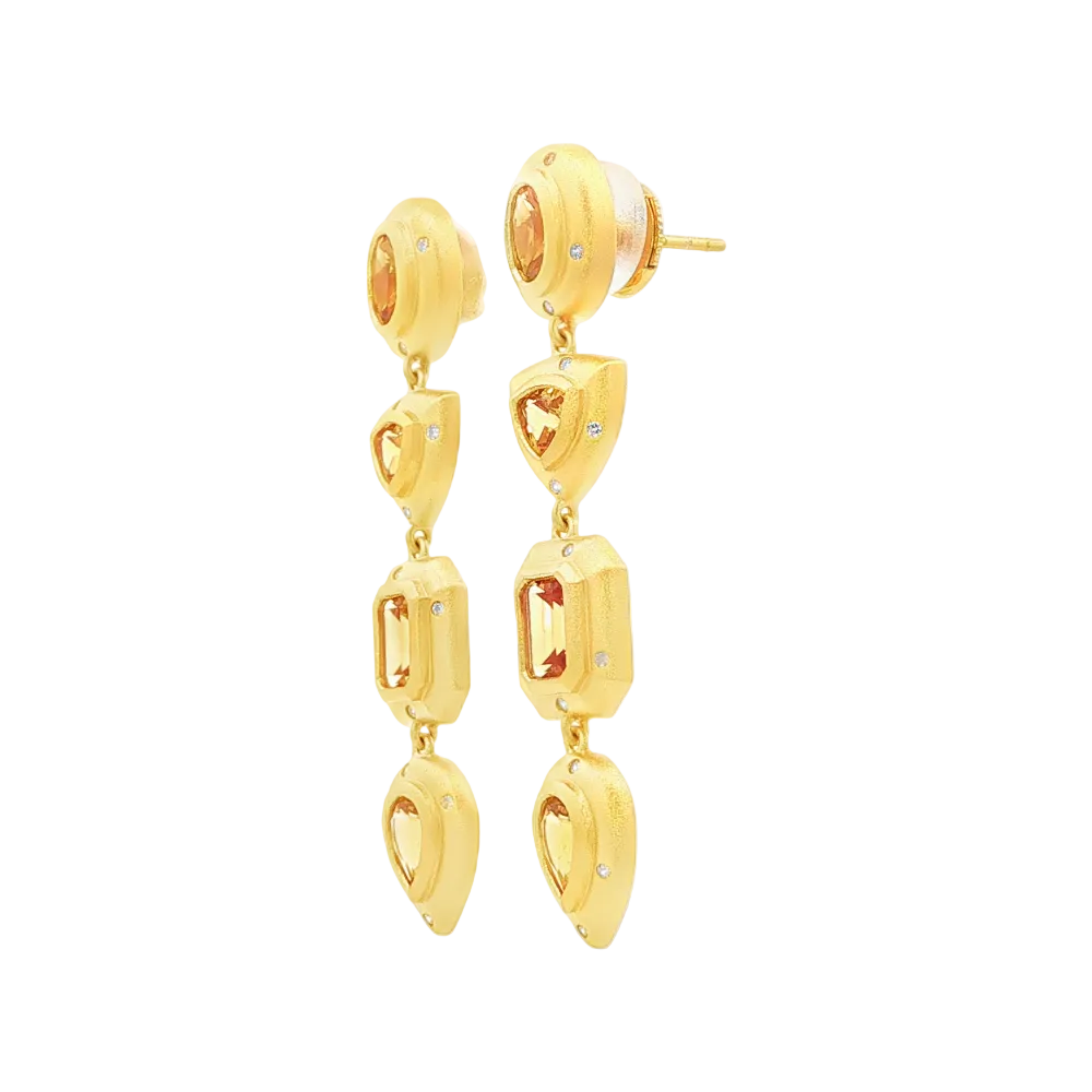 Shop online premium 18K gold shoulder duster earrings with yellow sapphire and CZ stones.
