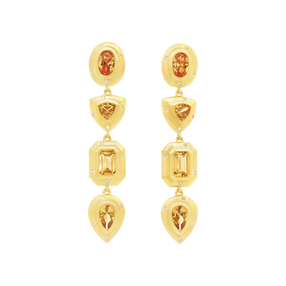 Shop online premium 18K gold shoulder duster earrings with yellow sapphire and CZ stones.
