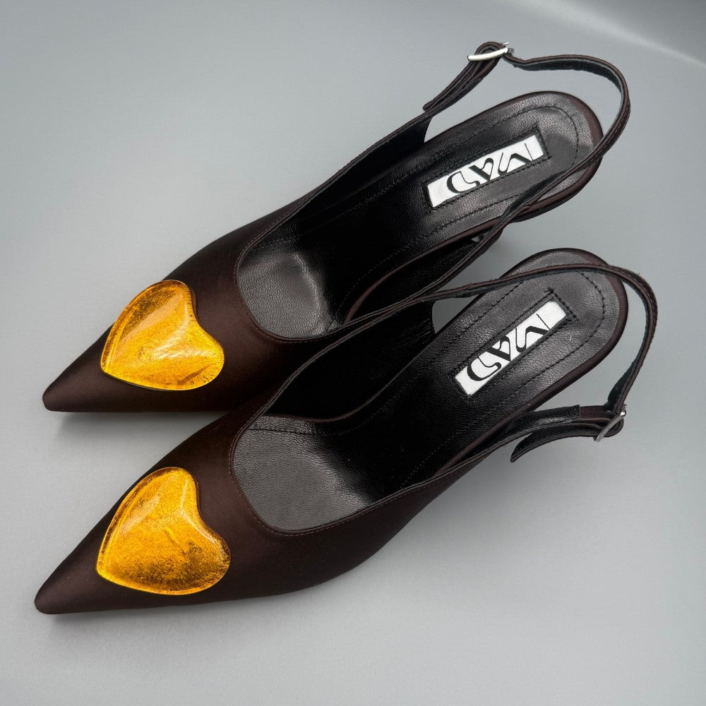 Yoko Slingback Chocolate Satin Amour adds beauty to online pumps shopping. Shop Now!