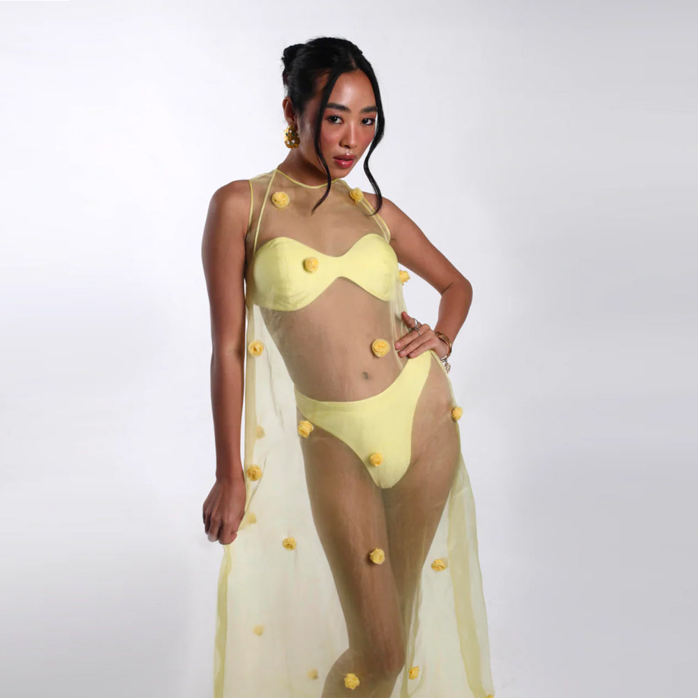 Sheer tulle maxi dress with floral applique and halter neck, perfect for summer. Shop online from our curated edit of premium fashion.