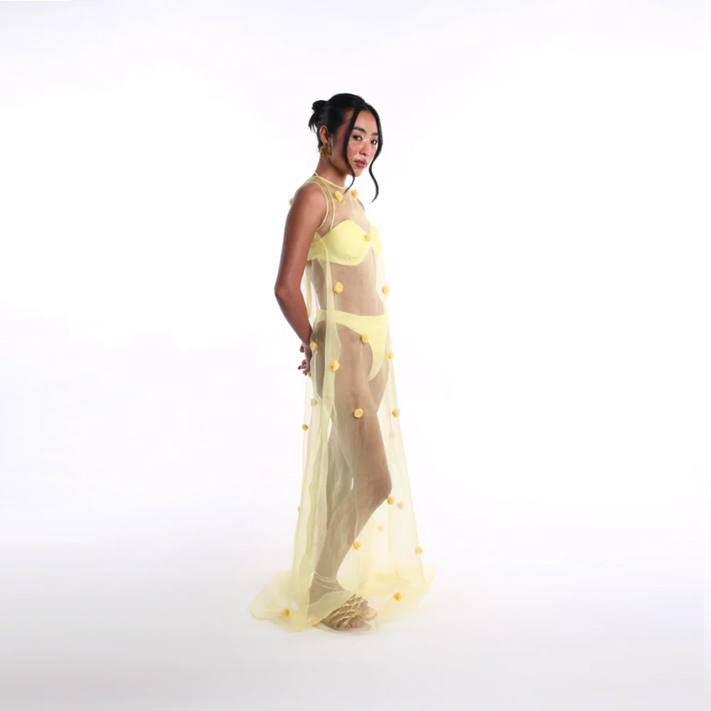 Sheer tulle maxi dress with floral applique and halter neck, perfect for summer. Shop online from our curated edit of premium fashion.