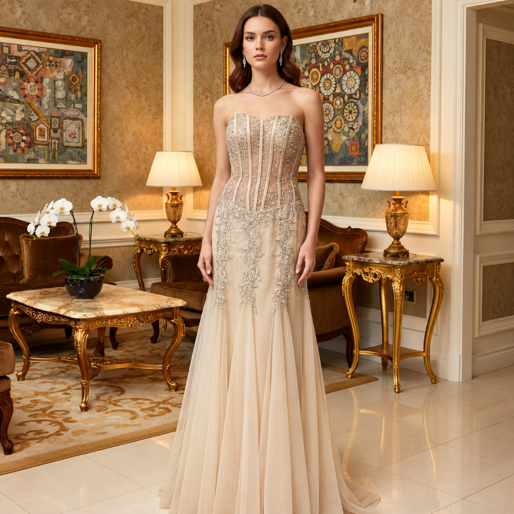 Shop the Zahra blush pink floor-length gown featuring a strapless sweetheart neckline and fitted silhouette. Perfect for weddings and special occasions. Shop online from our exclusive website.