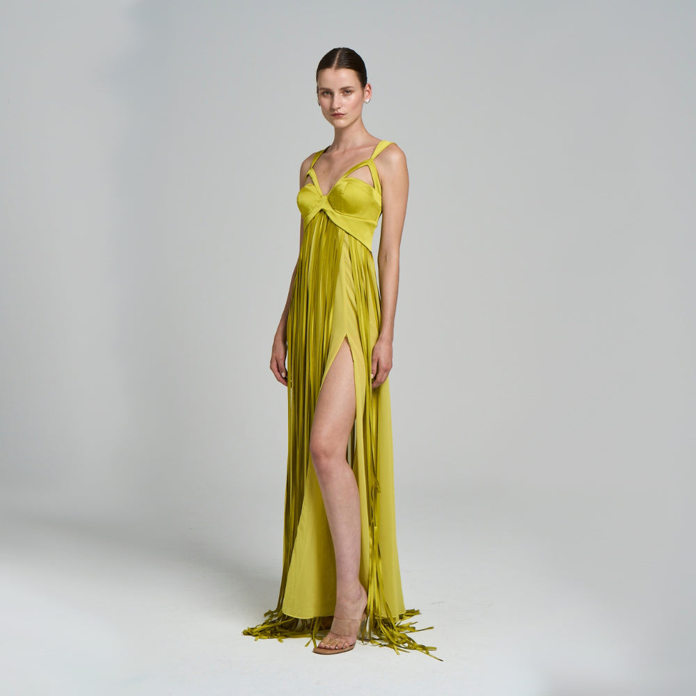 Maxi Evening Dress .With suspenders .Cut-out detail .Fringe and slit