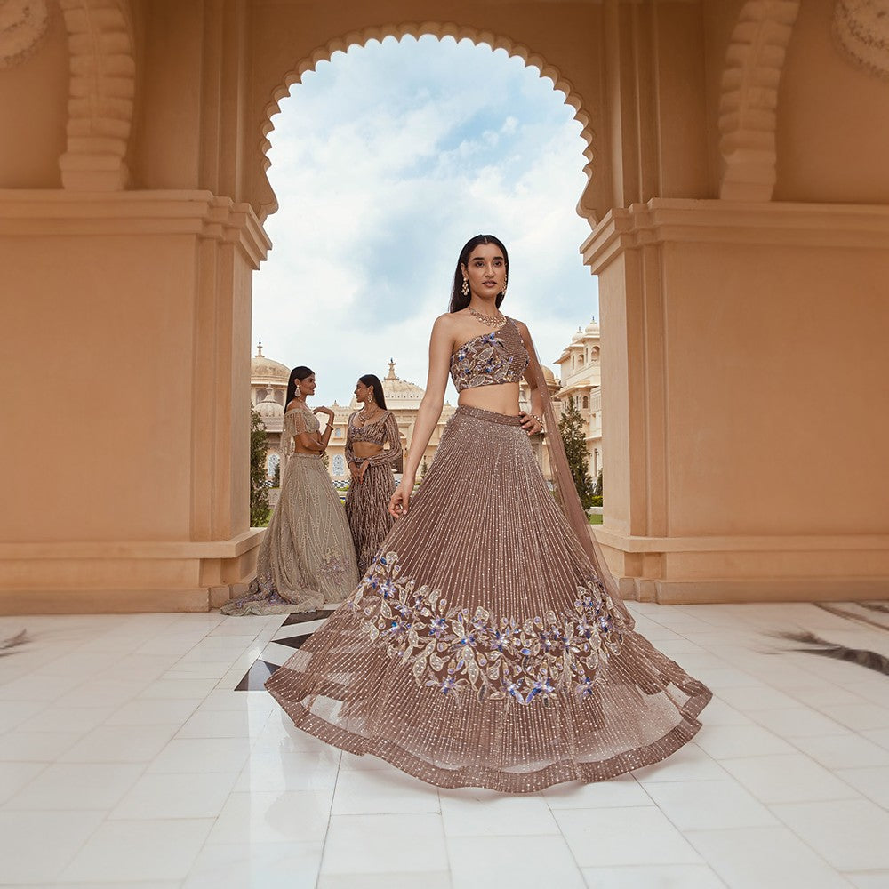 Scintilla Lines of the cosmos juxtaposed with bouquet of flowers in between over lehenga and blouse.