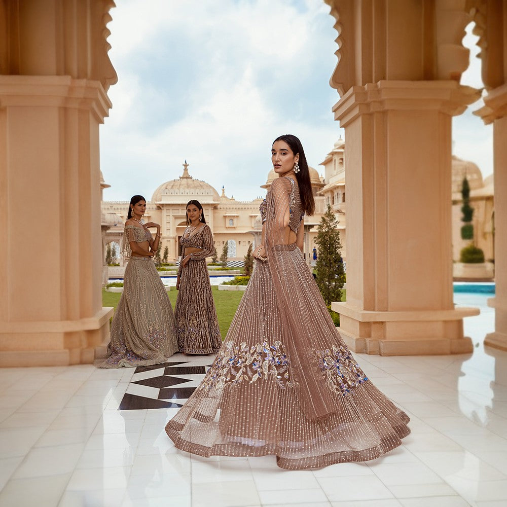 Scintilla Lines of the cosmos juxtaposed with bouquet of flowers in between over lehenga and blouse.
