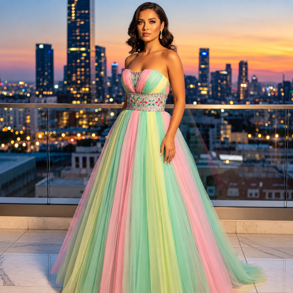 Shop online from our exclusive website. Discover the Zelda pastel evening gown featuring sparkling embellishments, a fitted bodice, and a graceful floor-length silhouette for weddings, galas, and special occasions.