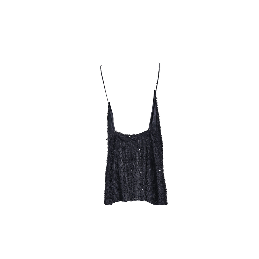 The Zephyr Dress is a stunning, sequined and tasseled black mini dress with a deep open back.