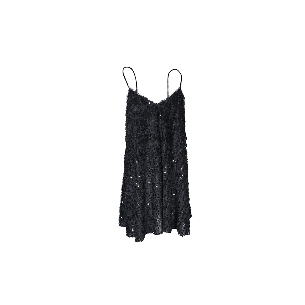 The Zephyr Dress is a stunning, sequined and tasseled black mini dress with a deep open back.