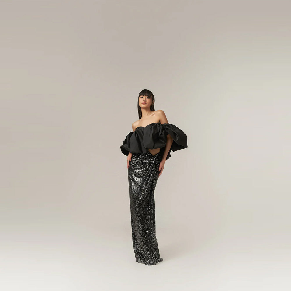 Off shoulder top with sequin skirt, perfect for parties and vacations. Shop online from our curated edit of premium fashion.