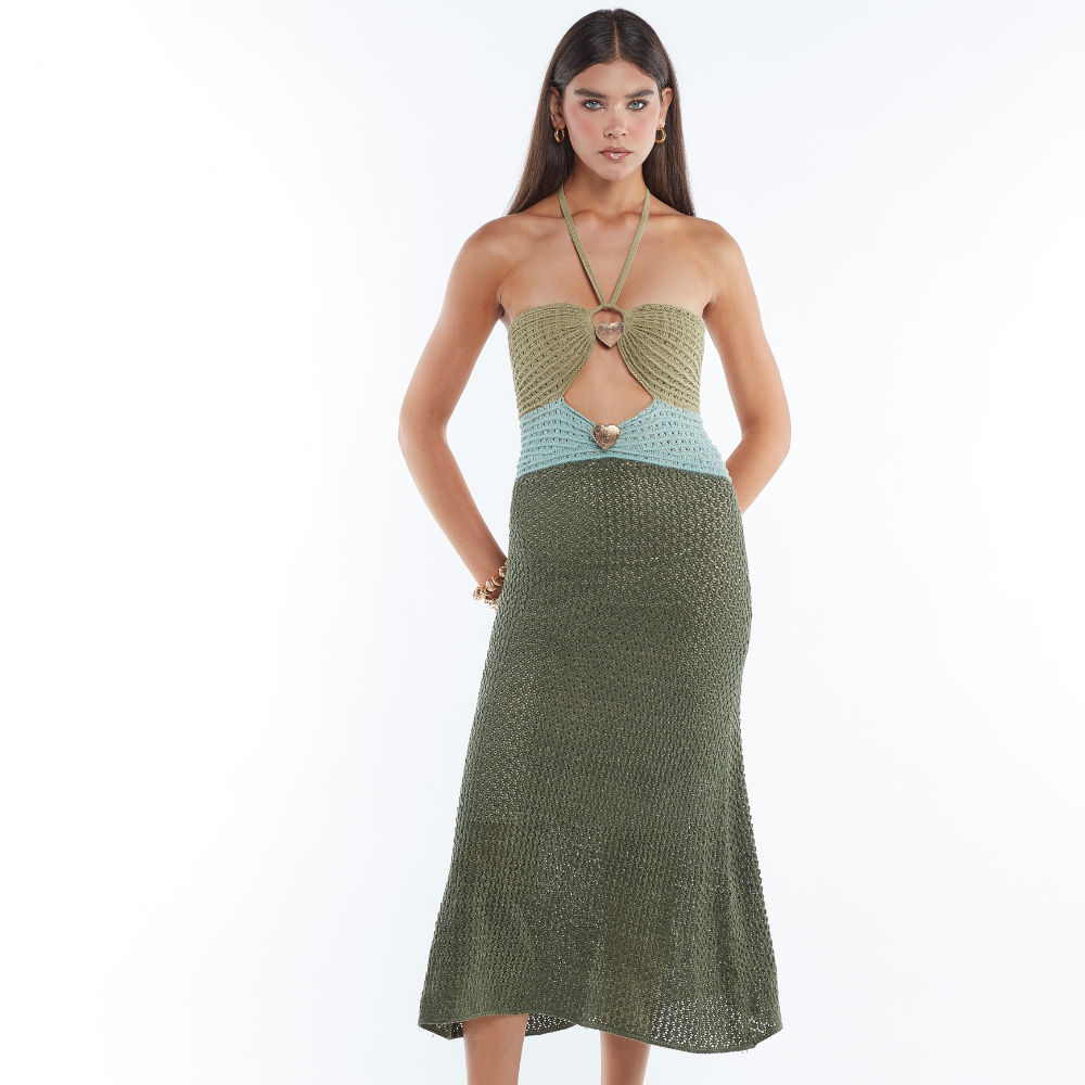 Shop the Zully Maxi Dress at TLM, featuring a center cutout with gold hoops, charms and tie straps. Explore luxury fashion on The Luxe Maison website.
