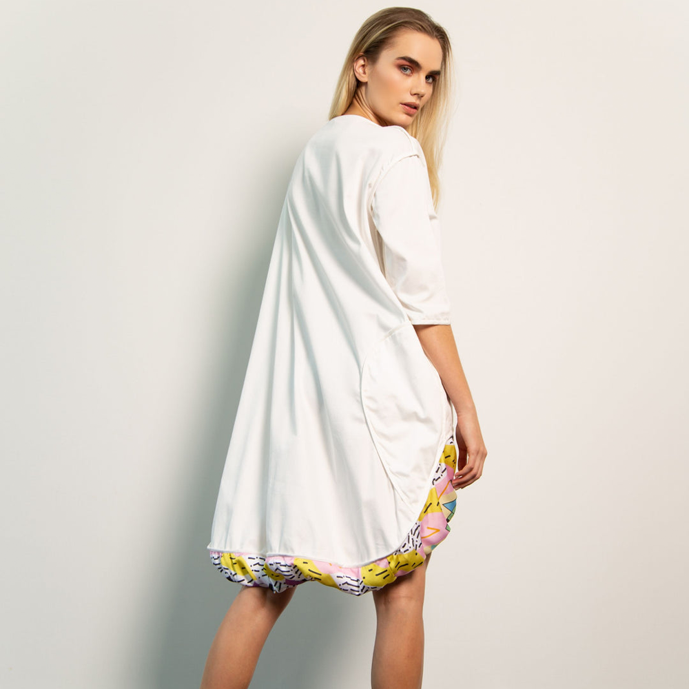 Relaxed parachute-style dress with hand-illustrated, digitally-printe graphic on gathered drop-hem. 