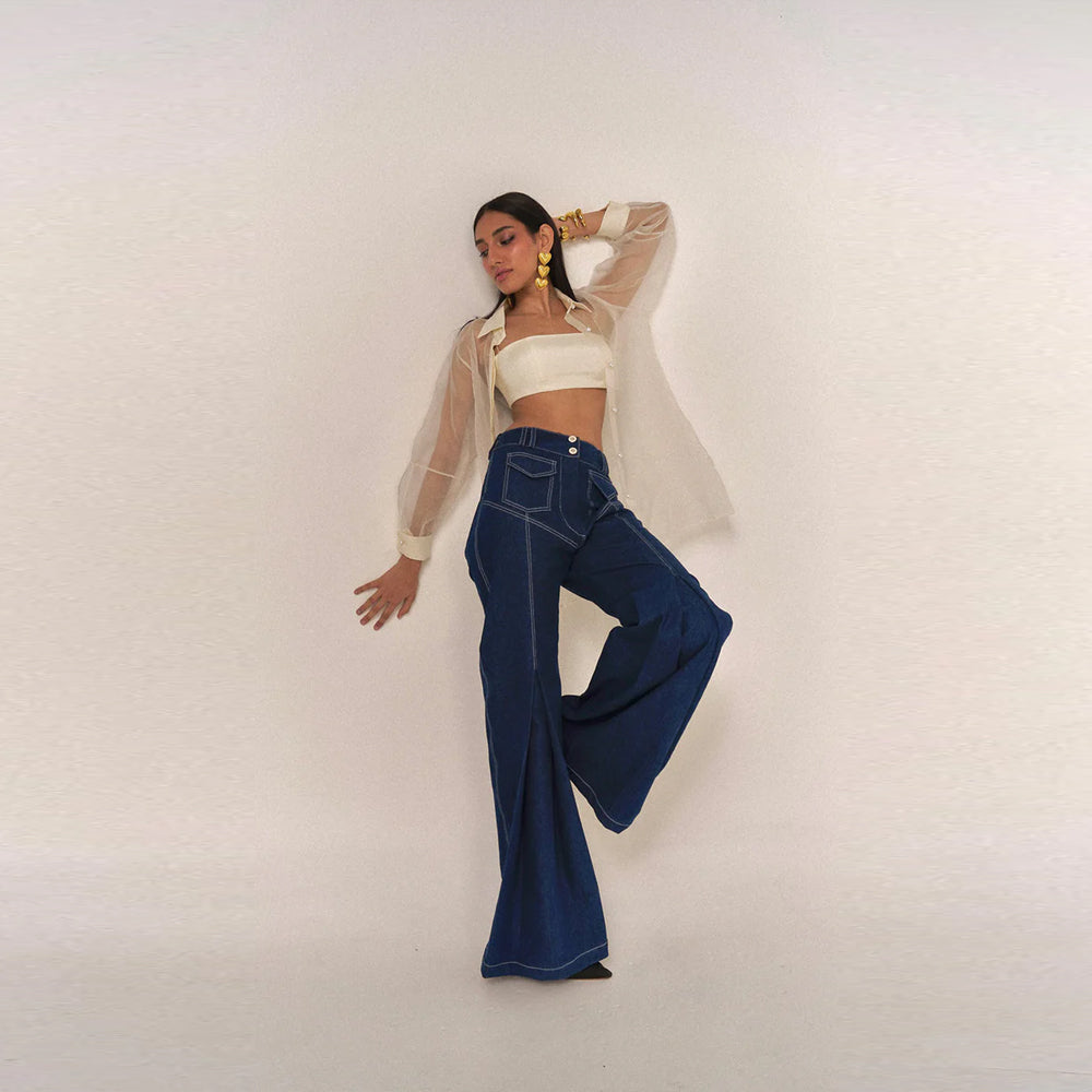 Organza silk blouse with bustier and denim, perfect for brunch and outings. Shop online from our curated edit of premium fashion.