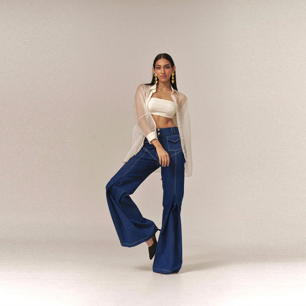 Organza silk blouse with bustier and denim, perfect for brunch and outings. Shop online from our curated edit of premium fashion.