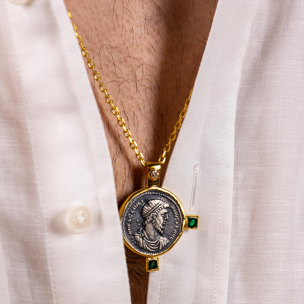 Get the Julian II "the Apostate" Coin Pendant- a hand-sculpted 22K Gold Vermeil cast with 3 Root Emerald accents jewellery necklace online. Shop now!