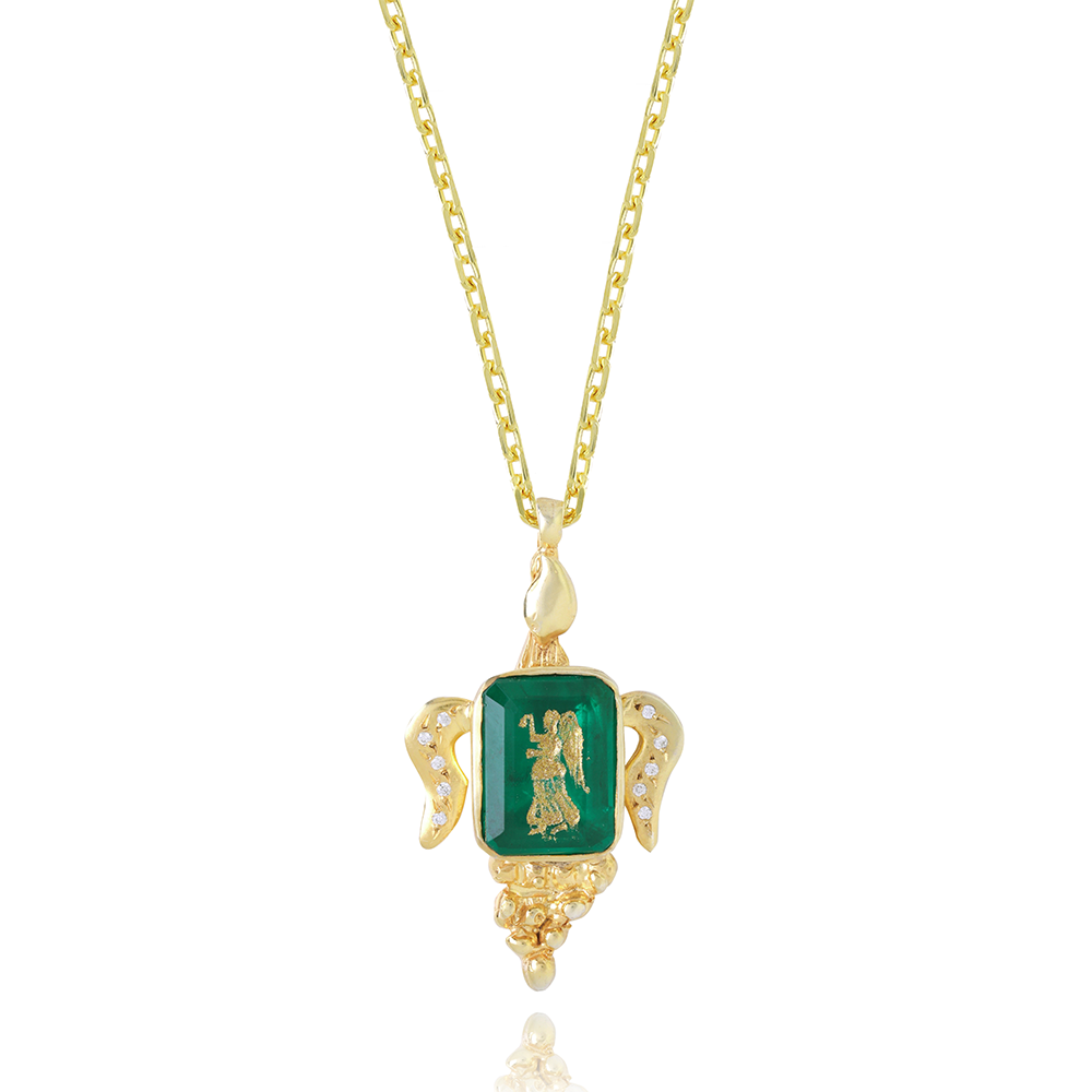 Victoria Medallion is created with the combination of 22K Gold Vermeil and precious Root Emerald gemstone. Shop premium jewellery online. Shop now!